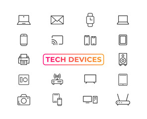 Device and technology line icon set. Electronic devices and gadgets, computer, equipment and electronics. Computer monitor, smartphone, tablet and laptop sumbol collection - stock ...