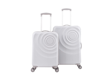 Two girly white plastic suitcases with transparent background, vacation luggage in front view