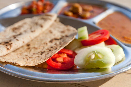 Plate of traditional vegetarian Indian meal, called Thali, close-up view, Rajasthan, India