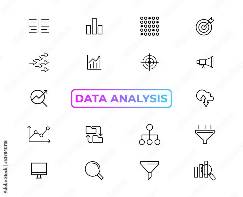 Poster big data analysis thin line icon set. data processing outline pictograms for website and mobile app 