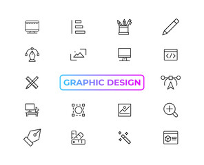 Set of thin line icons of graphic design. Simple linear icons in a modern style flat, Creative Process. Graphic design, creative package, stationary, software and more simple UI, UX vector icons