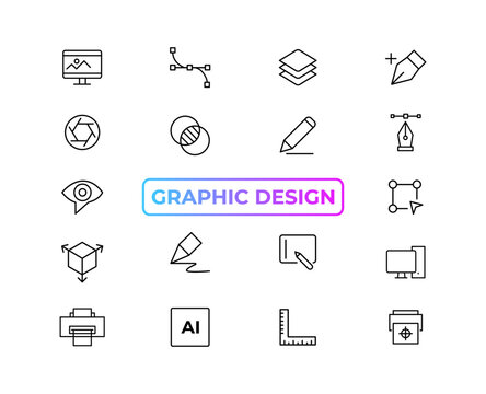 Set of thin line icons of graphic design. Simple linear icons in a modern style flat, Creative Process. Graphic design, creative package, stationary, software and more simple UI, UX vector icons
