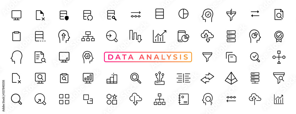 Poster big data analysis thin line icon set. data processing outline pictograms for website and mobile app 
