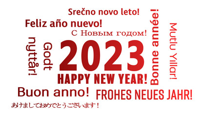 illustration of a word cloud with the message happy new year in red and in different languages