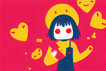 World emoji day. Anthropomorphic smile Face. Birthday Party. Emotions. A little girl, smiling with all her teeth, holds a cardboard love emoji in her hands. World Happiness day