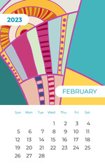 2023 february calendar abstract contemporary art vector. Desk, screen, desktop month 02, 2023, colorful 2023 calendar template, agenda. Psychedelic calendar, day planner starts Sunday. February page