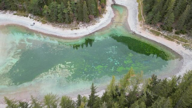 Aerial Drone Footage of the Green Lake in St. Katharein Trag&ouml;&szlig;, Styria, Austria
