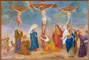 Tuinposter MORGEX, ITALY - JULY 14, 2018: The fresco of Crucifixion in the church Chiesa di Santa Maria Assunta by E. Lancia (1932). © Renáta Sedmáková