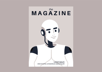 Tech magazine cover, a humanoid robot portrait, new technologies and modern lifestyle