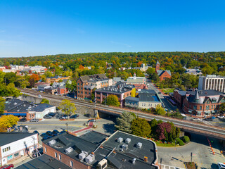 Winchester historic center on Rotary with Town Hall in fall in town of Winchester, Massachusetts...