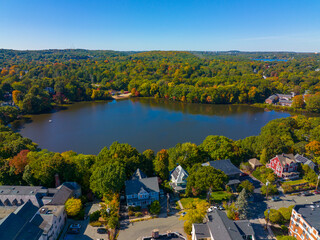 Wedge Pond aerial view in fall in historic town center of Winchester, Massachusetts MA, USA.