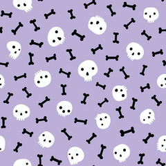 Black and white skulls and bones scattered on pastel purple background Halloween seamless pattern. - obrazy, fototapety, plakaty
