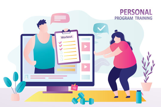 Personal online trainer monitors plump girl training. Overweight woman engaged in individual workout program. Fat female character doing squats under control of instructor.