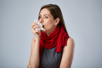 Allergy sick business woman with paper tissue isolated advertising portrait.