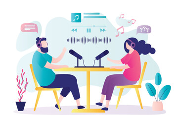 Two bloggers speaks into microphones. Stream, live on radio, workplace. Speakers communicates online, podcast concept. Interview, online talking. Audio recording, live broadcast,