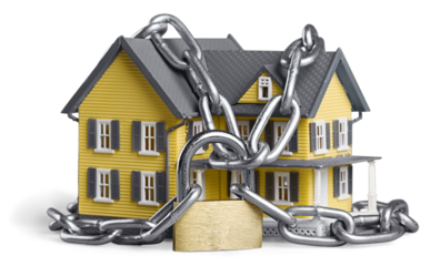 House security concept. House in chains isolated on white