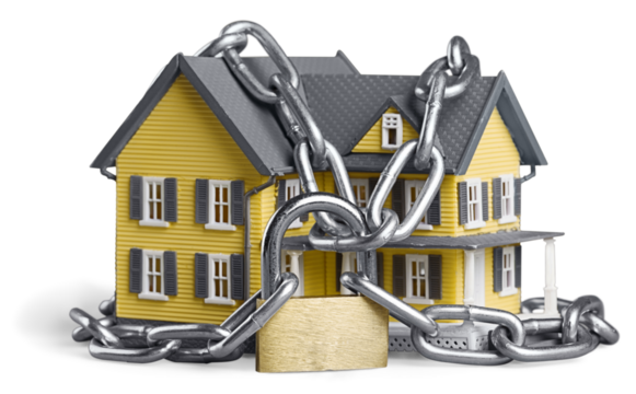 House security concept. House in chains isolated on white