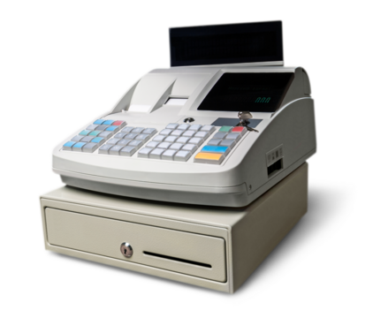 Cash register with LCD display on background