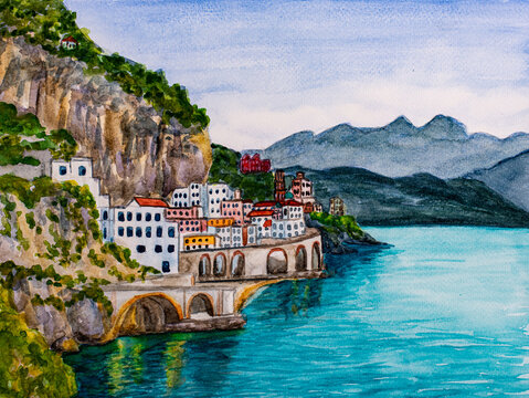 Amalfi Coast, Italy. Watercolor Painting