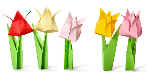 Origami flowers on white background - obrazy, fototapety, plakaty