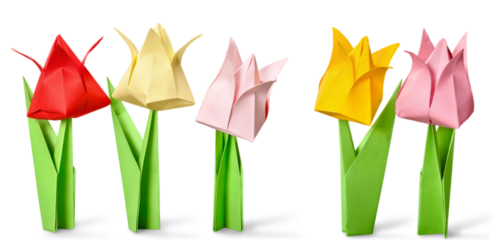 Origami flowers on white background