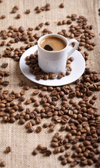 Turkish coffee with coffee beans on a brown background