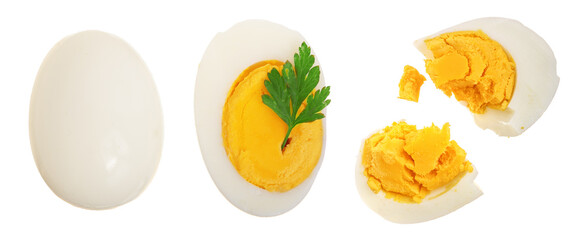 boiled egg and half isolated on white background. Top view. Flat lay