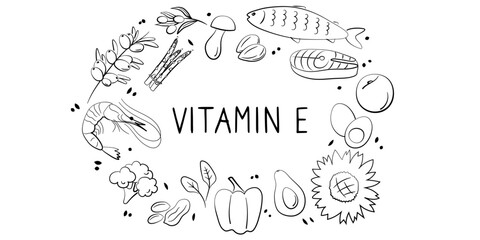 Vitamin E tocopherol. Groups of healthy products containing vitamins. Set of fruits, vegetables, meats, fish and dairy.
