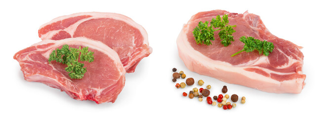 sliced raw pork meat with parsley isolated on white background