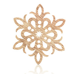 one wooden snowflake on a white isolated background, christmas decoration