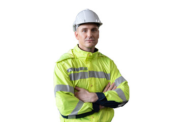 Portrait of male engineer wear uniform and helmet on transparent background