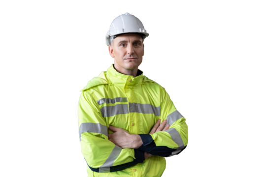 Portrait of male engineer wear uniform and helmet on transparent background