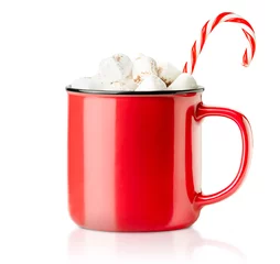 Abwaschbare Fototapete one red mug with hot chocolate, marshmallows and candy cane on a white isolated background © Ирина Гутыряк