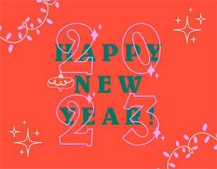 Happy New Year 2023. Festive poster with green and pink inscriptions, garlands and stars on a red background. Happy New Year. Flat design in retro style.
