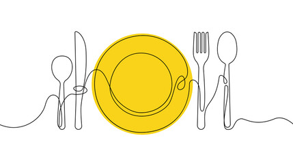 Continuous one line plate. Hand drawn linear tableware spoon fork knife icons simple sketch design. Vector illustration
