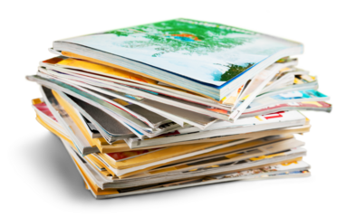 Stack of magazines on white background