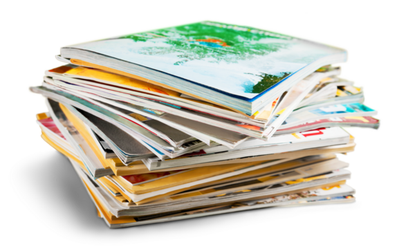 Stack of magazines on white background