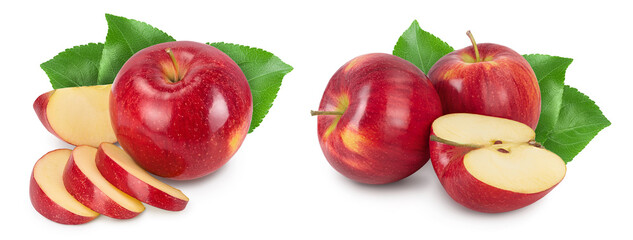 Red apple with slices isolated on white background with full depth of field