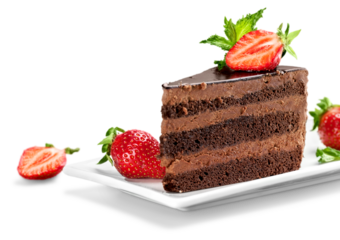 slice of delicious chocolate cake over white (with sample text)