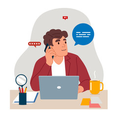 Fototapeta na wymiar Entrepreneur At Laptop Talking On Phone Looking Aside Communicating For Work Sitting At Table In Office. Businessman Chatting By Cellphone At Workplace. Flat vector illustration.
