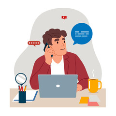 Entrepreneur At Laptop Talking On Phone Looking Aside Communicating For Work Sitting At Table In Office. Businessman Chatting By Cellphone At Workplace. Flat vector illustration.