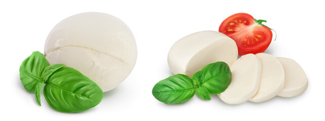 Mozzarella cheese with basil leaf isolated on white background with full depth of field