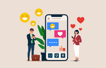 Couple in love writing messages, texting to each other-online chat, friendship and communication. Vector illustration.