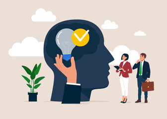 Intelligence and innovative ideas thinking businessman. Intellectual brain power with creative approach and successful solutions. Flat vector illustration.