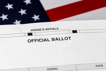 Election ballot with American flag. Voting, politics and government concept.