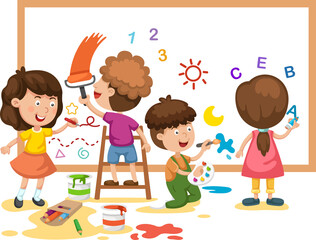 Illustration of children painting white board