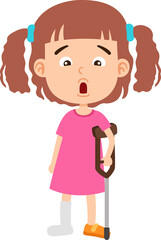 kid girl wearing leg splint and wearing crutch
