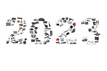 Collage of spare parts with the image of the number twenty twenty three for calendars for the new year. Happy new year 2023.