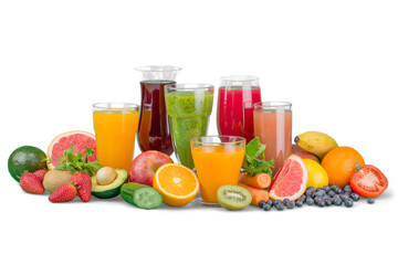 Fototapeta na wymiar Fresh fruits and juice isolated on white backgroundFresh fruits and juice isolated on white background