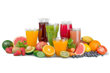 Fresh fruits and juice isolated on white backgroundFresh fruits and juice isolated on white background